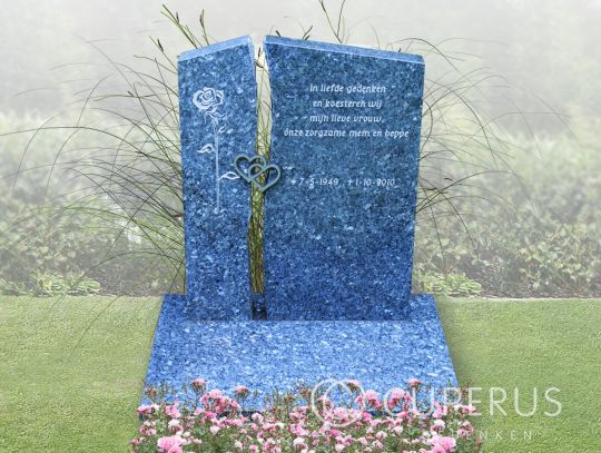 Blauw labrador granieten grafsteen met harten in het midden