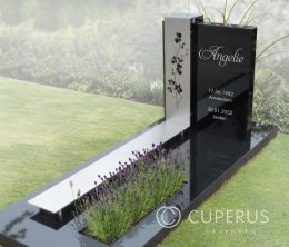 Grafmonument met bloemen op RVS strip