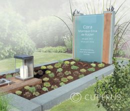 Grafmonument met teakhout, natuursteen en glas