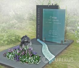 Moderne grafsteen met opschrift op glas