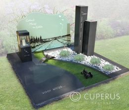 Grafmonument met zuilen en glazen letterplaat