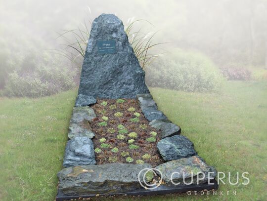 Natuurlijke ruwe grafsteen met rand en tekstplaatje