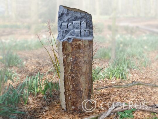 Zuilengraf van basalt met dorpje