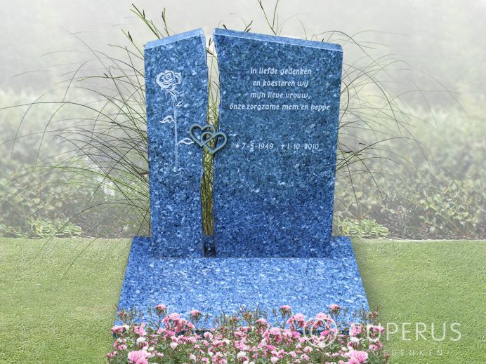 Blauw labrador granieten grafsteen met harten in het midden foto 1