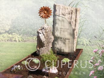 Cortenstalen grafmonument met versteend hout