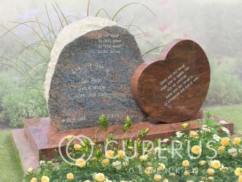 Grafmonument met halve ruwe steen en granieten hart