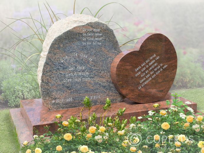 Grafmonument met halve ruwe steen en granieten hart foto 1