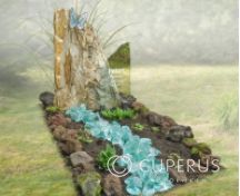 Versteend hout grafsteen met blauwe glasbrokken foto 1