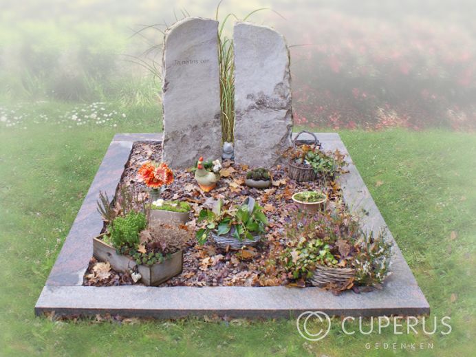 Natuurlijke grafsteen met twee grafzuilen foto 1