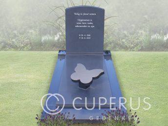 Rechthoekige blauwe grafsteen met ronde bovenkant