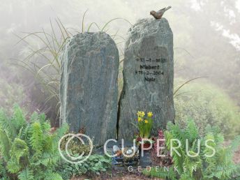 Twee ruwe grafstenen van Serpentijn met vogel