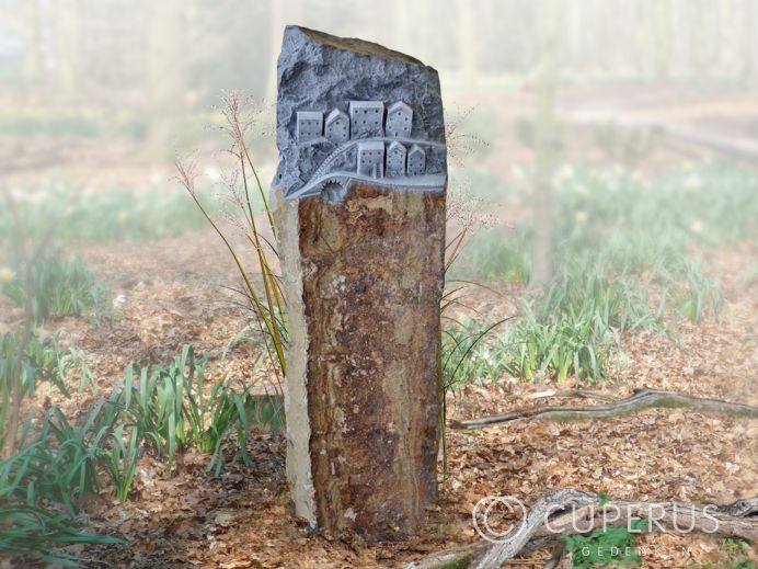 Zuilengraf van basalt met dorpje foto 1